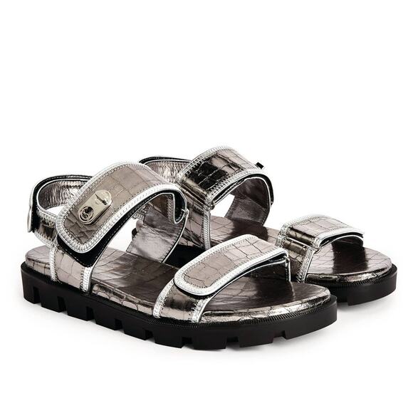 Christian Louboutin Lock Cool Metallic Croc-Embossed Leather Chunky Sandals - Picture 3 of 16